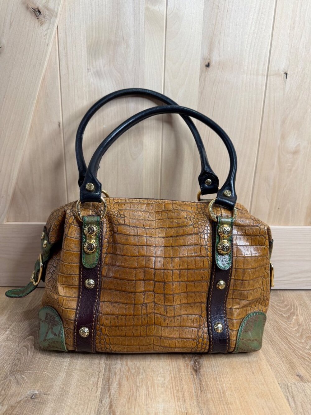 Marino Orlandi Leather Croc Embossed Satchel Handbag Italy Patent Trim